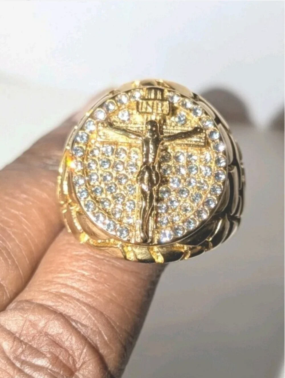 3ct Round CUT MOISSANITE MENS 14K YELLOW GOLD PLATED JEANS CRUSIFIX RING SZ 11
